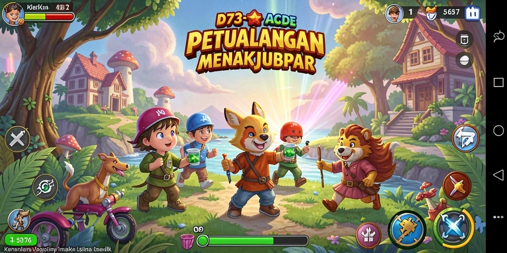 Tampilan gameplay seru di D73 dengan aksi cepat dan karakter berwarna.