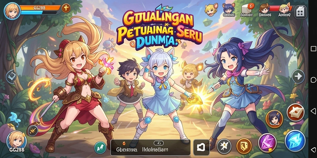 Tampilan gameplay GG288 yang penuh warna dan karakter anime ikonik.