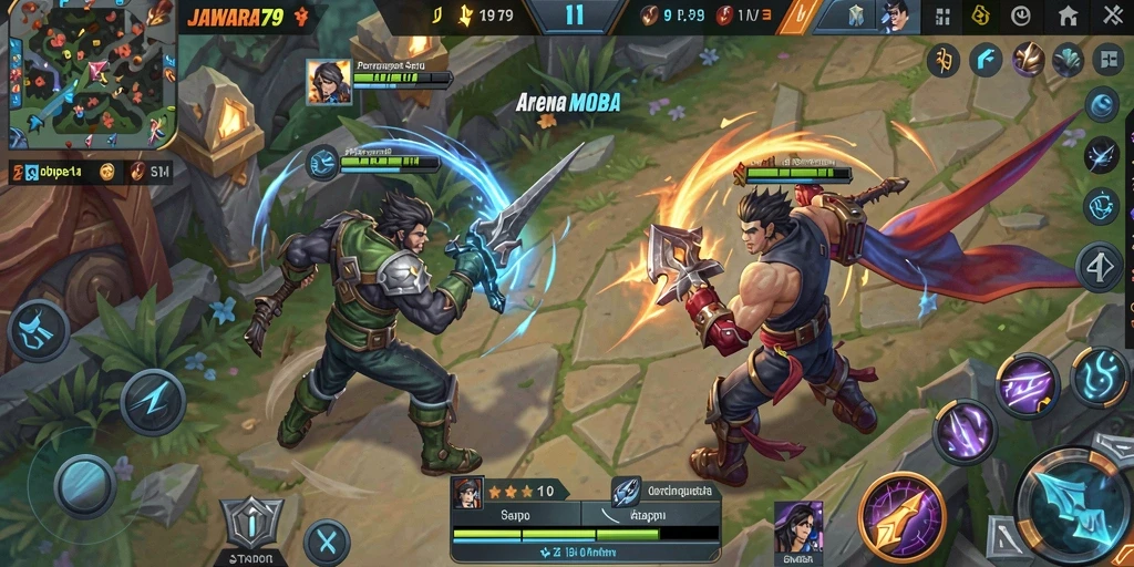 Tampilan gameplay seru dalam arena pertarungan MOBA.