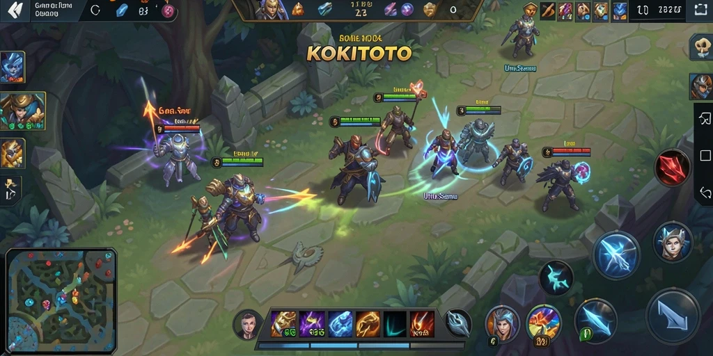 Tangkapan layar KOKITOTO menampilkan pertarungan seru dalam arena MOBA.
