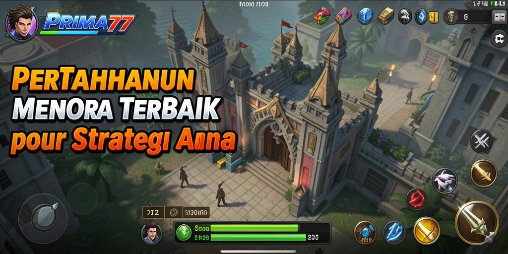 Tampilan gameplay PRIMA77 dengan menara bertahan melawan serangan musuh.