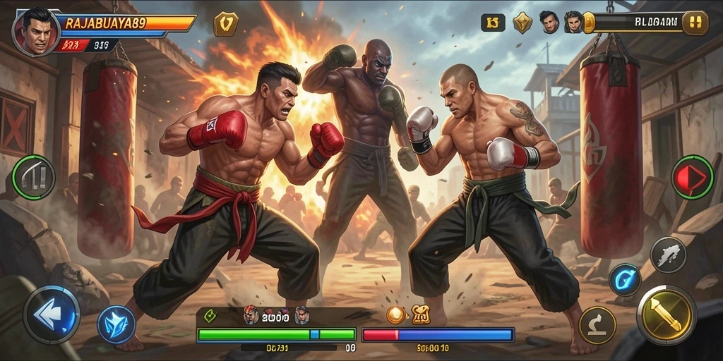 Screenshot gameplay RAJABUAYA89 menampilkan pertarungan seru antar karakter.