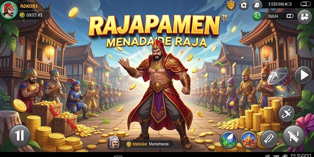 Tampilkan gameplay RAJAPAMEN yang menampilkan strategi dan pembangunan kerajaan.