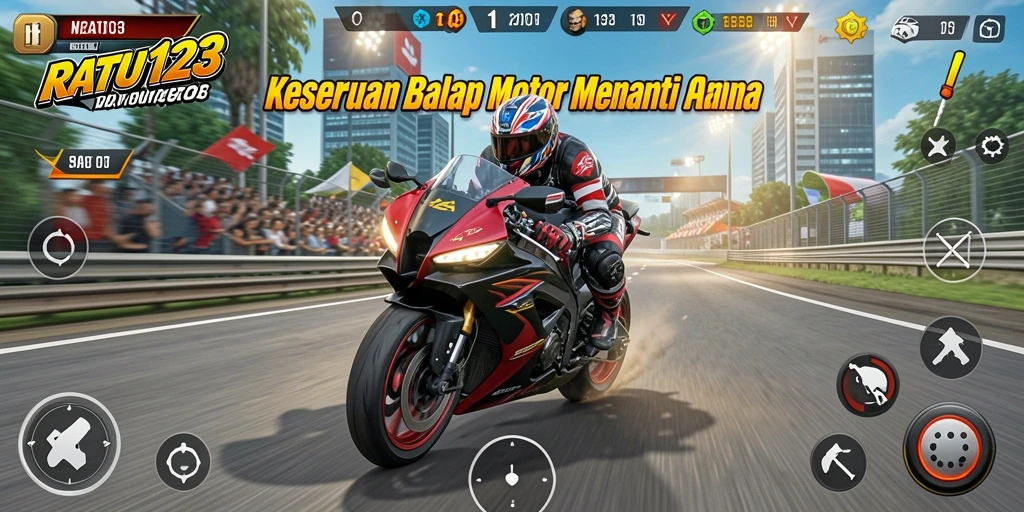 Tampilan gameplay yang intens dari RATU123 saat balapan motor.