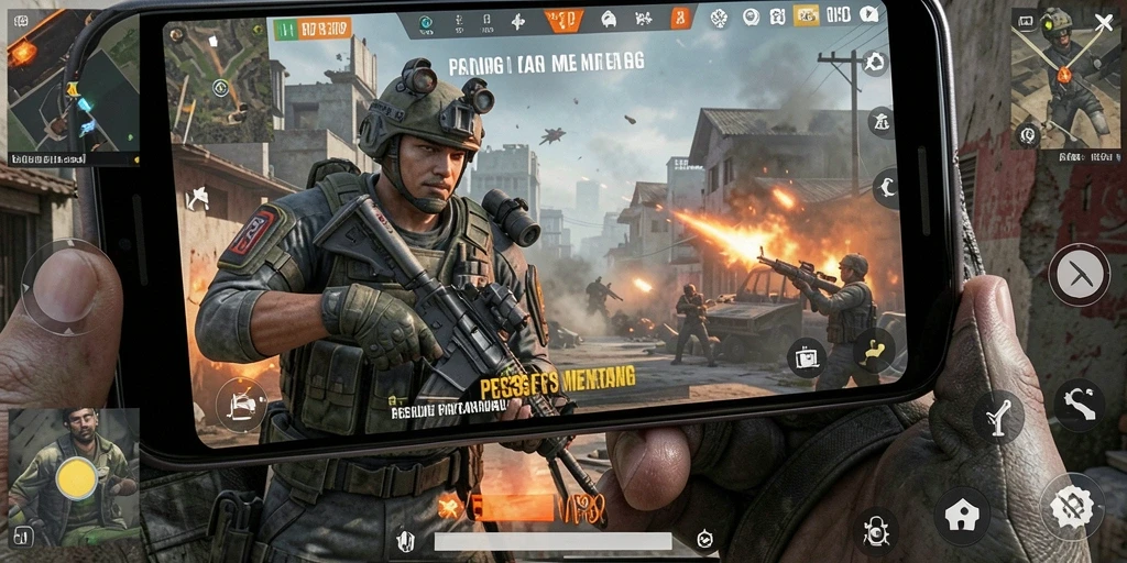 Screenshot gameplay RR33 yang penuh aksi dalam pertempuran FPS.