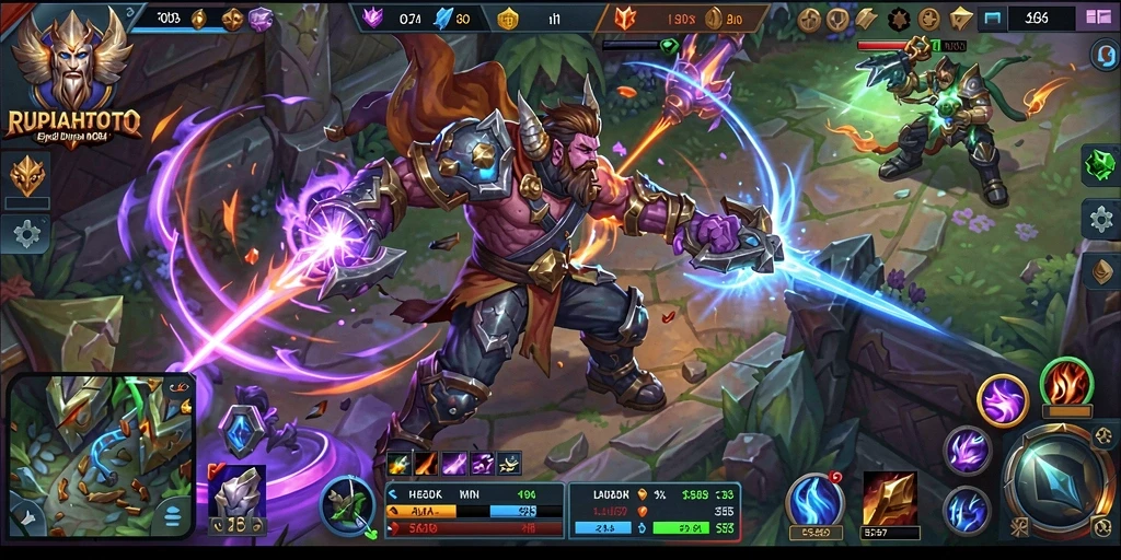 Tampilan aksi seru di gameplay RUPIAHTOTO dalam format MOBA.