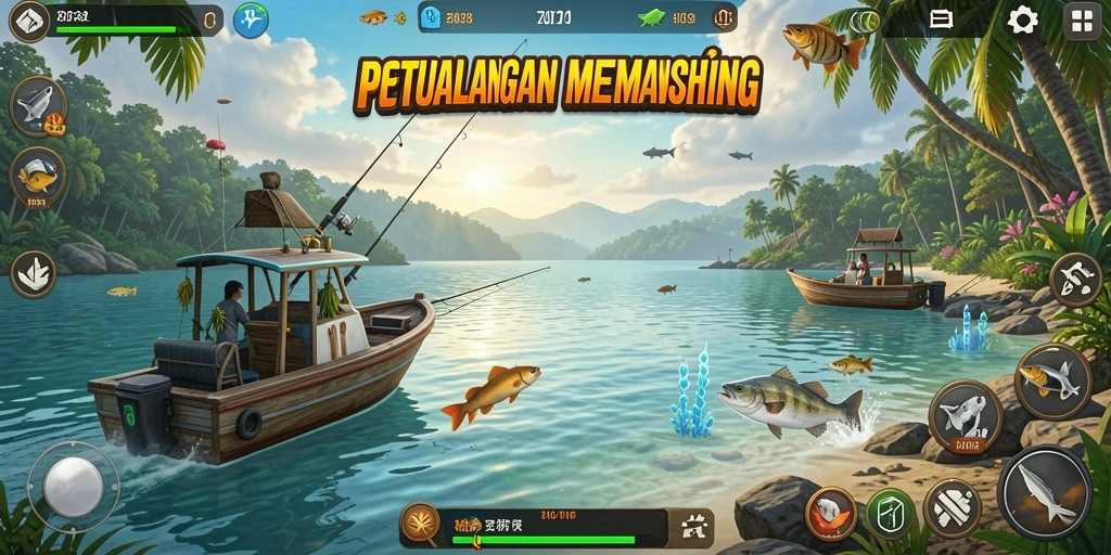 Tampilan gameplay seru saat memancing di ZOFAZA dengan ikan besar.